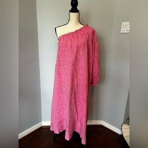 One-Shoulder Fuchsia Linen-Blend Midi Dress